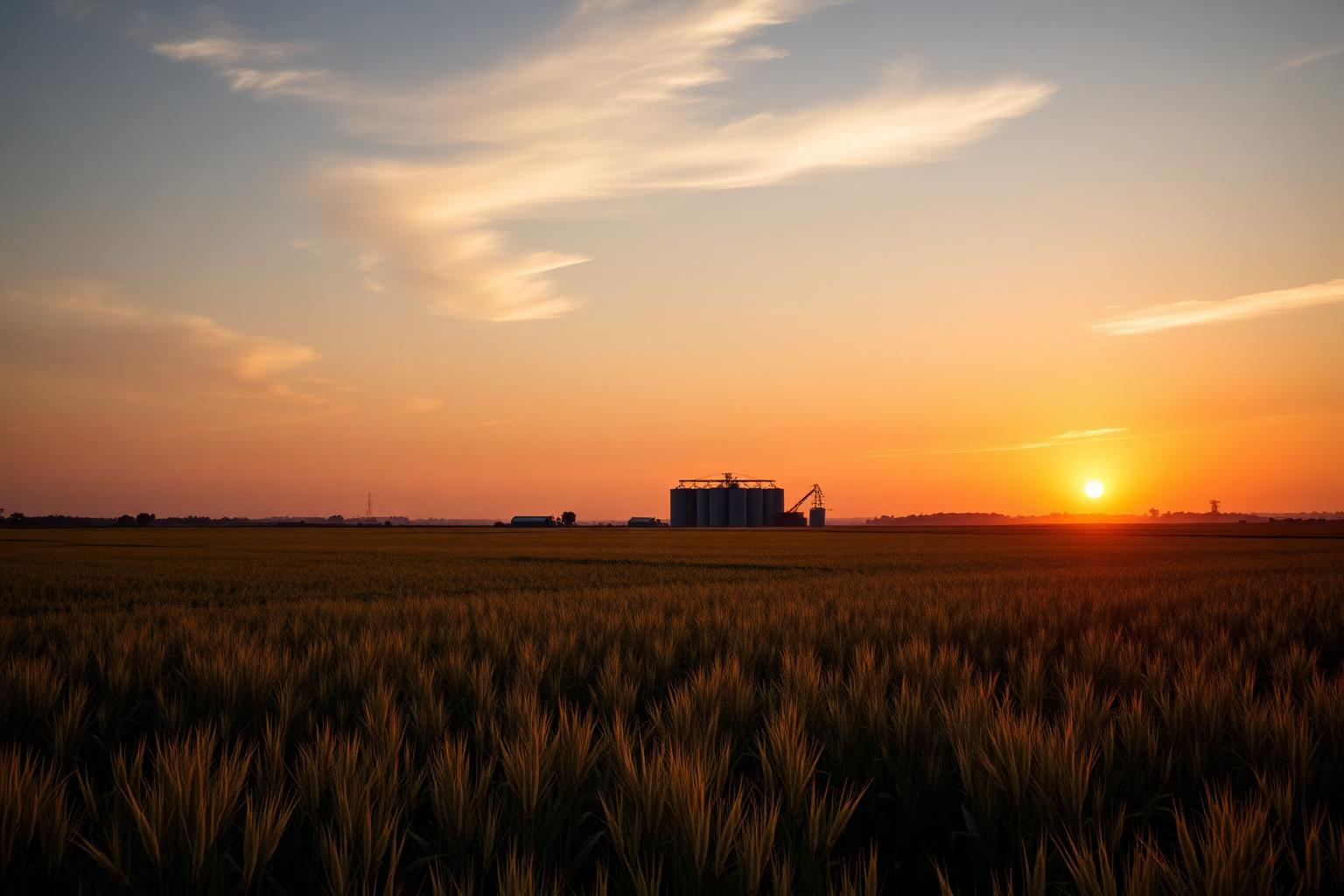 Campo de soja em Mato Grosso ao entardecer com silo ao fundo