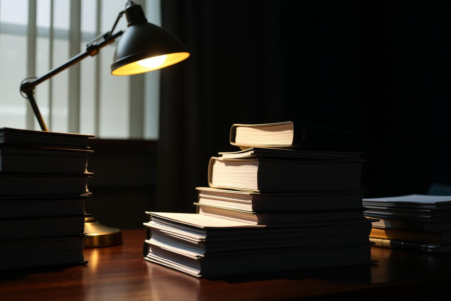 Pilhas de processos e livros jurídicos iluminados por luminária de mesa