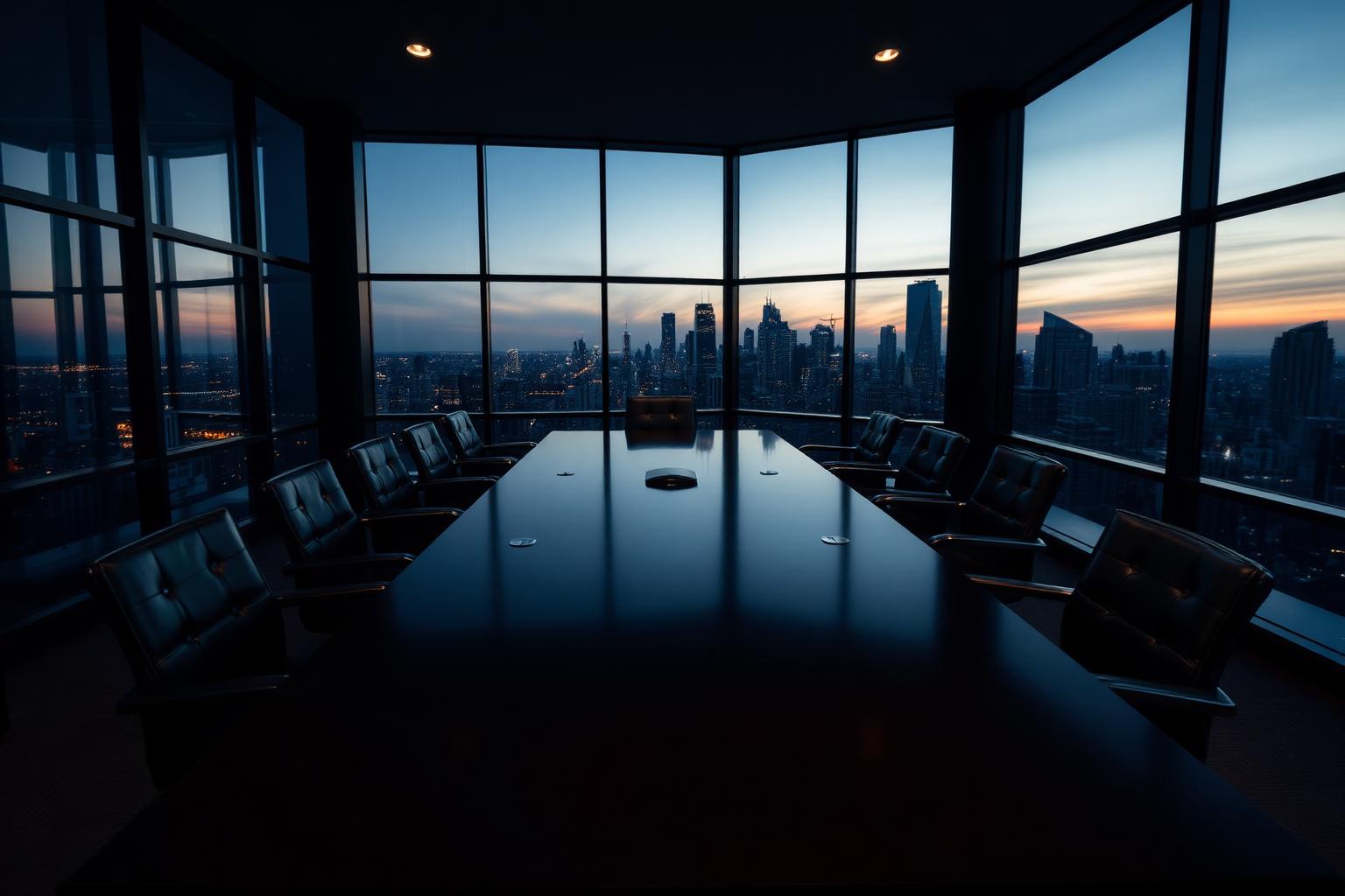 Sala de reuniões corporativa vazia ao anoitecer com vista para a cidade