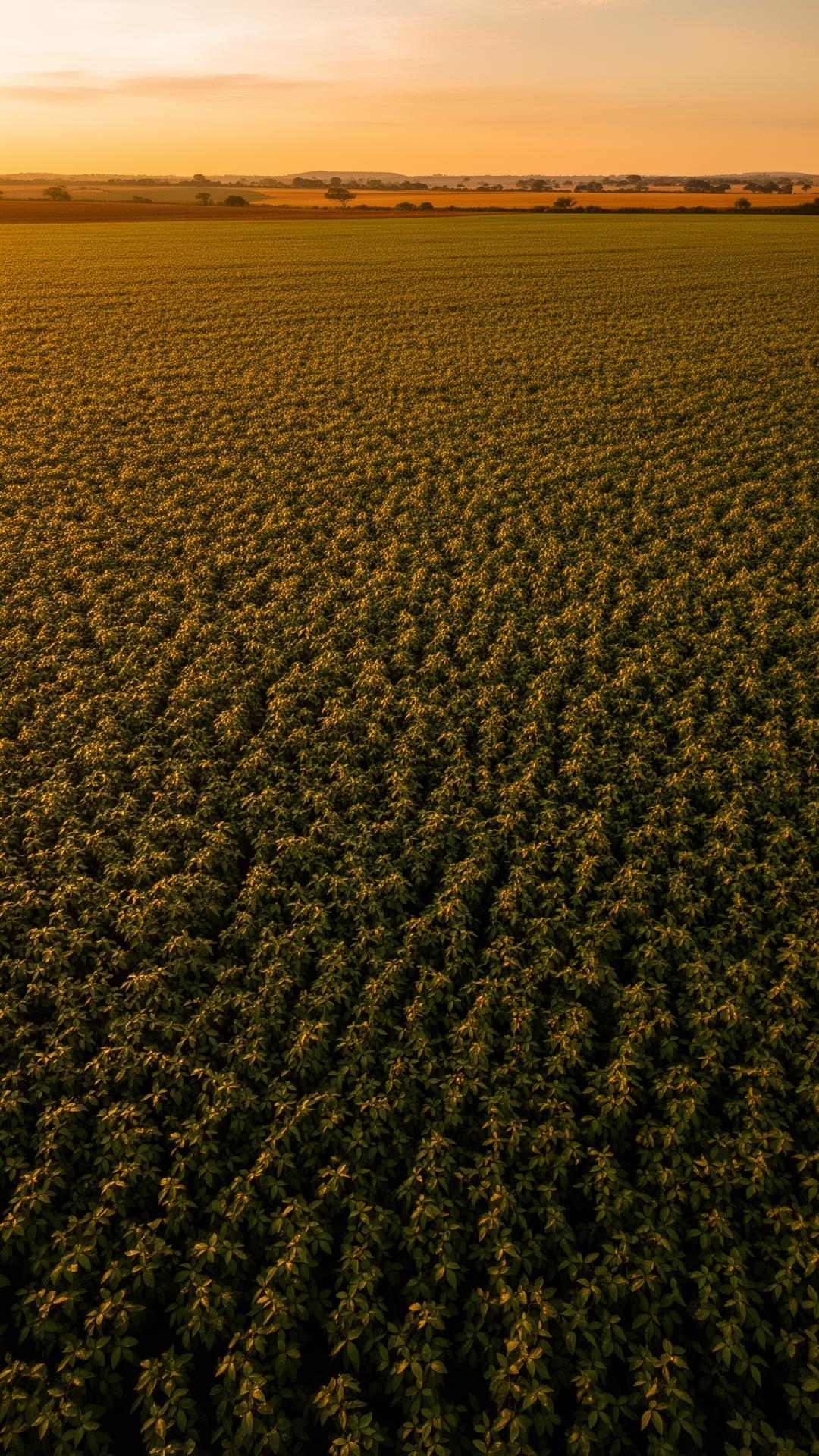 Vista aérea de plantação de soja em Mato Grosso ao entardecer