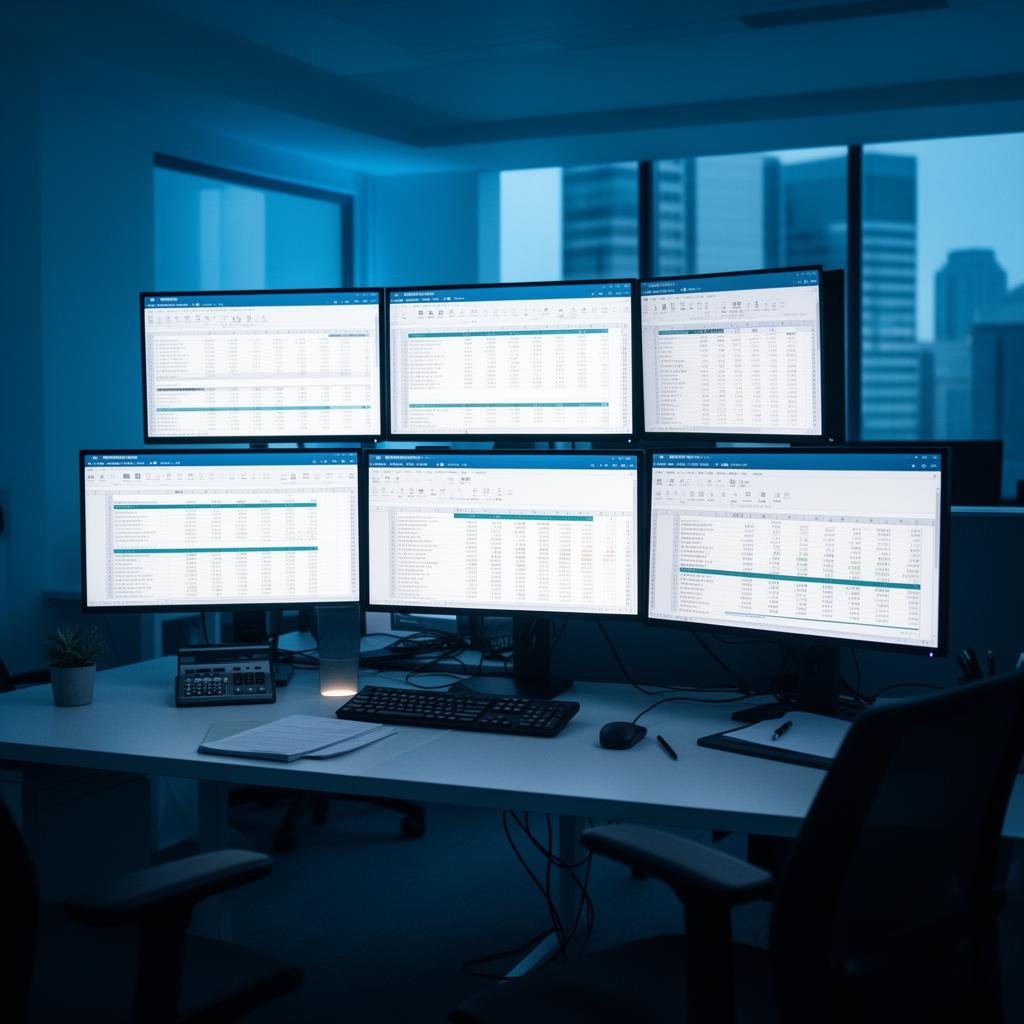 Escritório técnico com múltiplos monitores exibindo planilhas fiscais