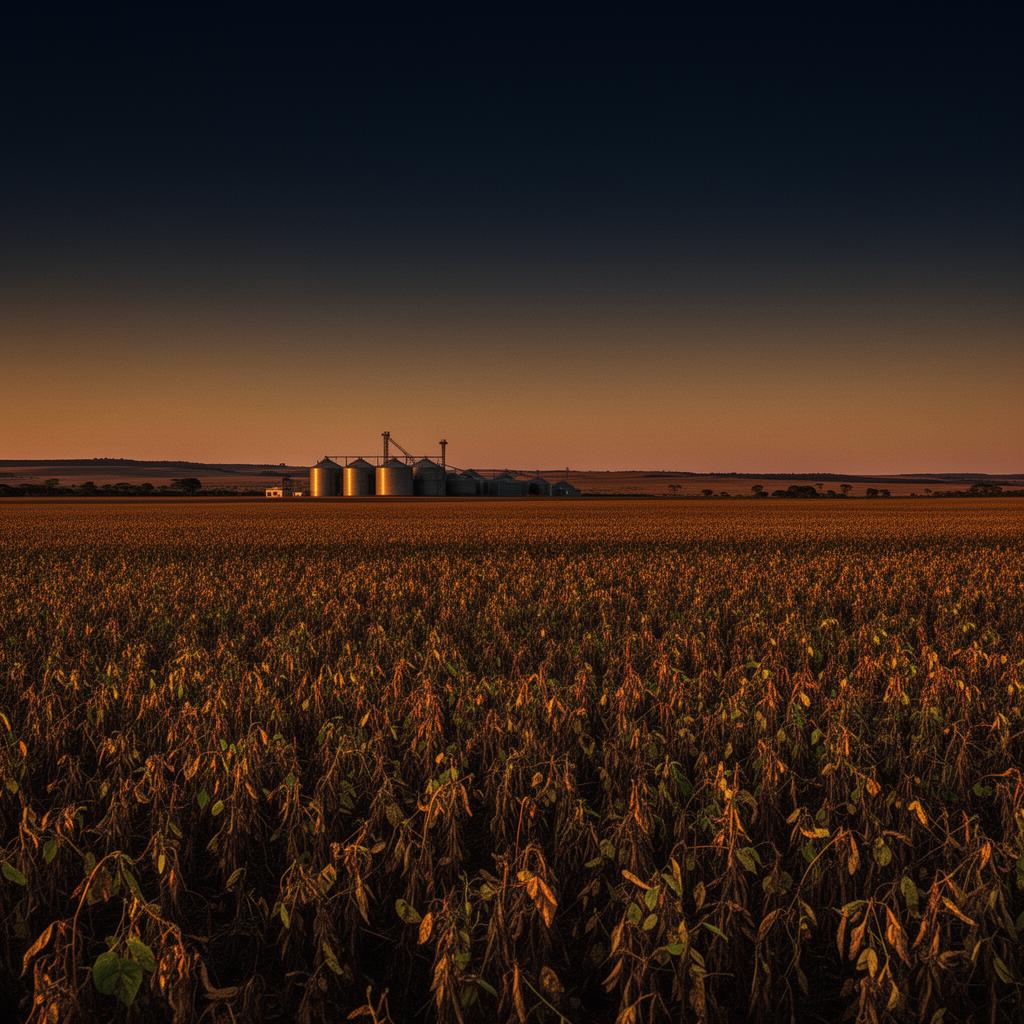 Campo de soja em Mato Grosso ao entardecer com silos ao fundo