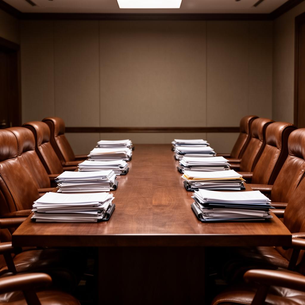 Sala de reunião corporativa com mesa longa e documentos sobre a mesa
