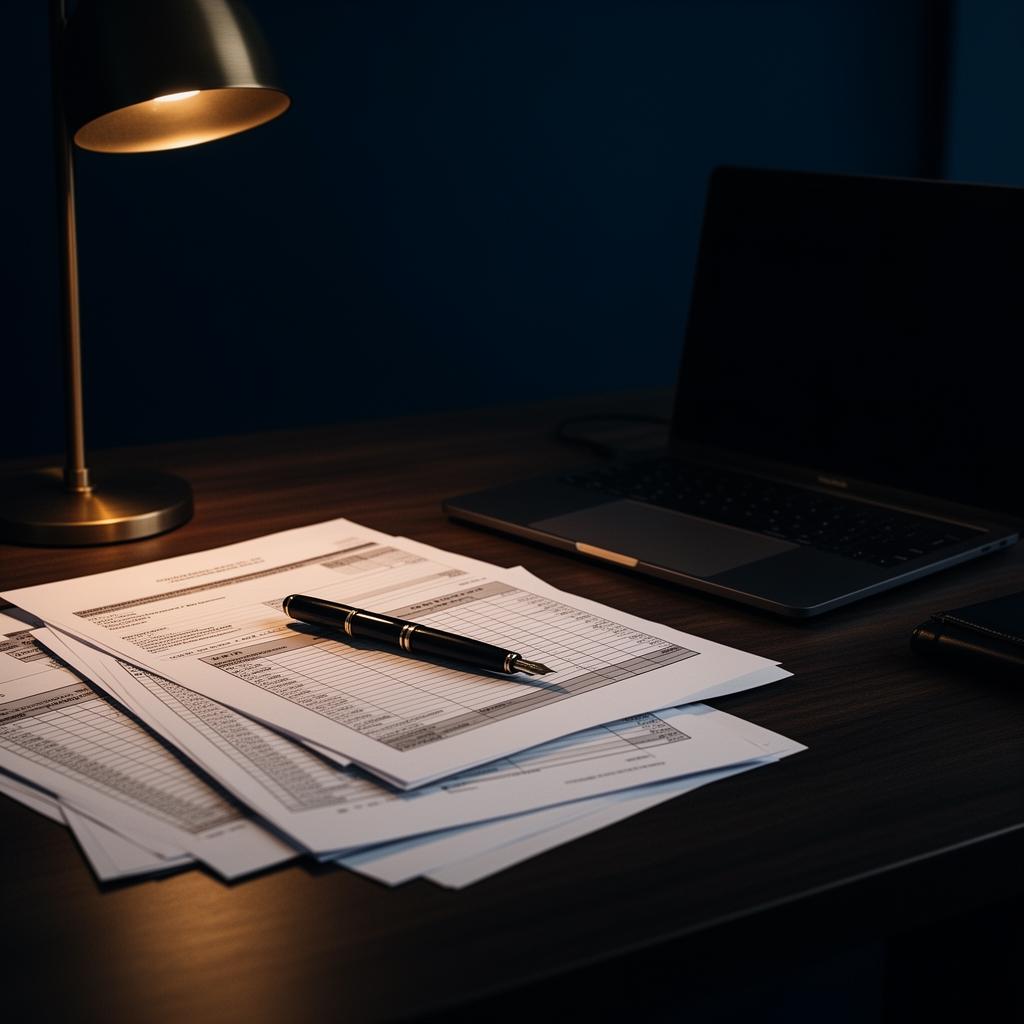 Mesa de trabalho com documentos fiscais e ambiente corporativo sóbrio